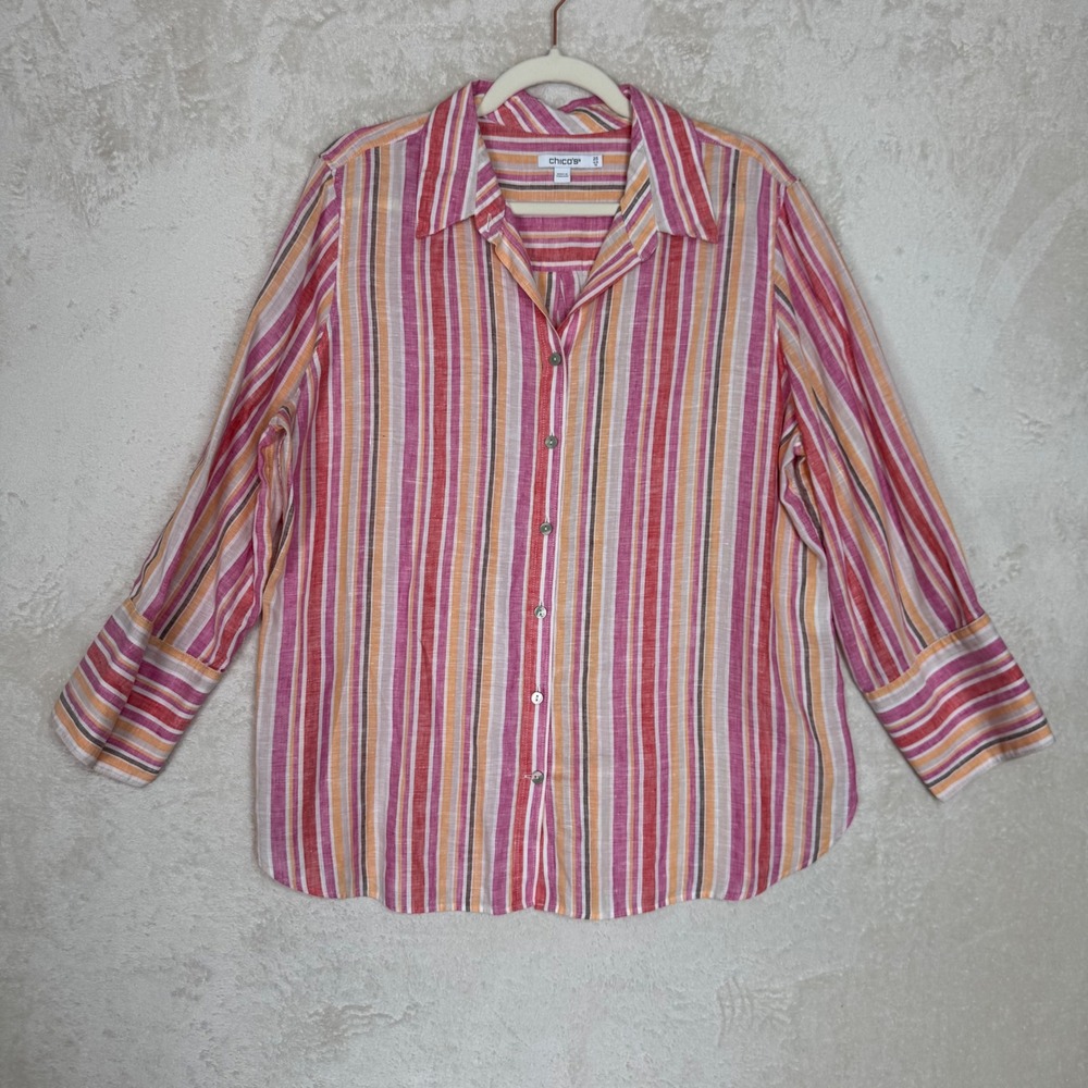 Chico's Women Pink Orange Striped 100% Linen Button Down Shirt Size 14 Coastal